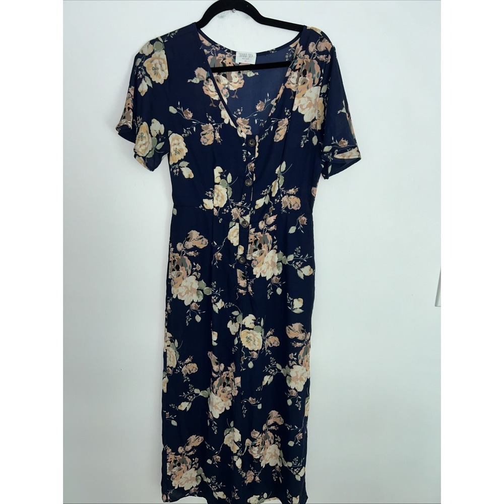 Sienna Sky Navy Floral Jumpsuit Wide Leg Short Sleeve Lightweight Sz Medium